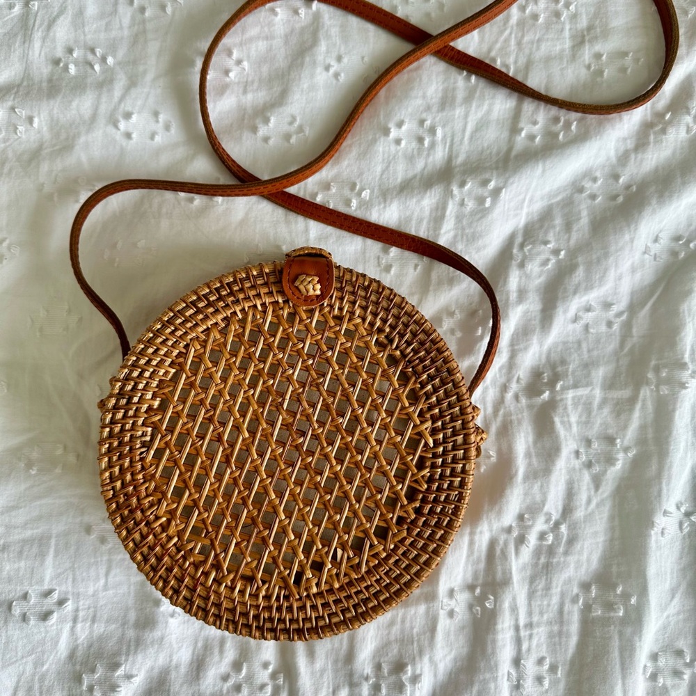 Woven Rattan Circle Bag with Leather Strap – Never Worn